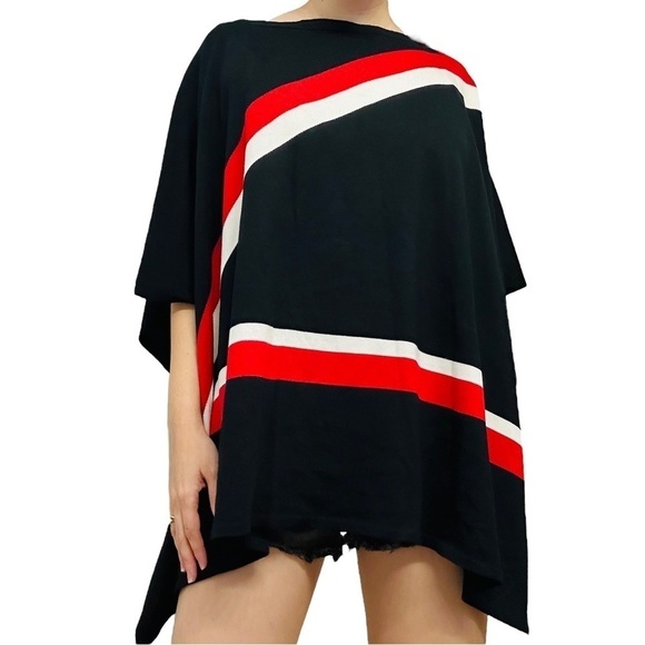 St. John Cape Poncho Sweater Wool Knit Minimalist Designer Black Striped Small - Picture 9 of 9